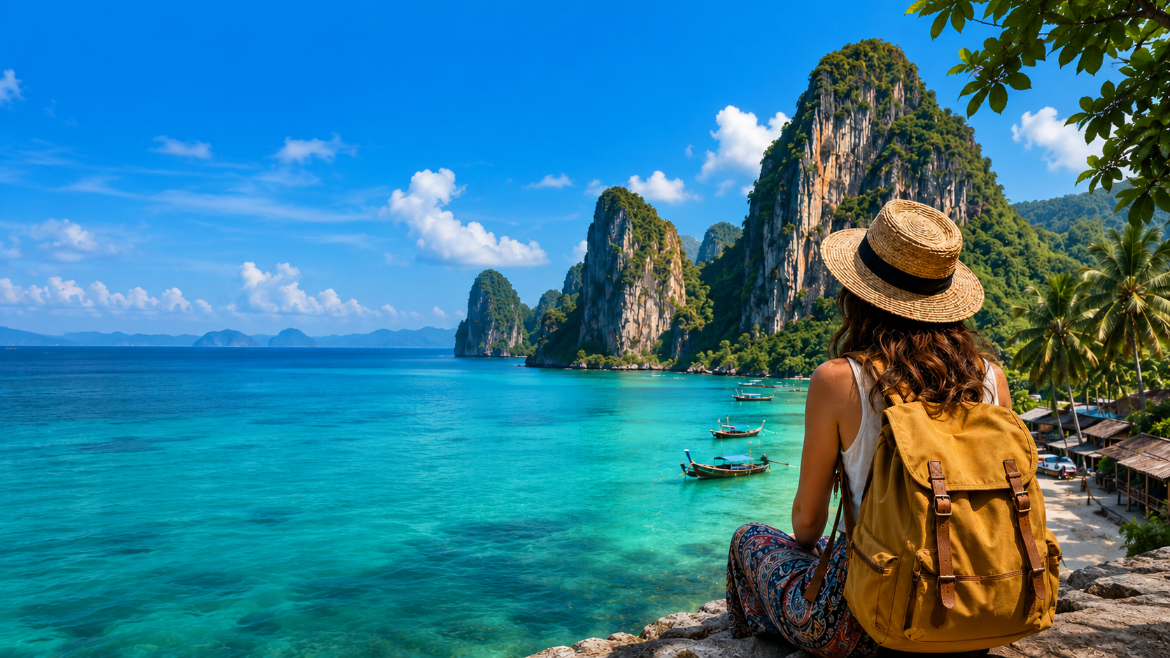 Solo female backpacker sitting on a cliff overlooking turquoise waters and limestone karsts in Southeast Asia