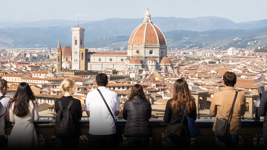 Tourists overlooking a European city skyline, representing international travel planning